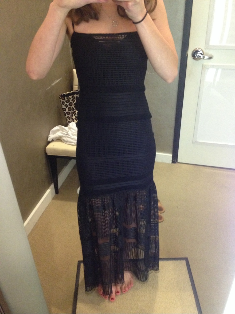 French Connection Black Strapless Maxi Dress with Sheer Mesh Hem